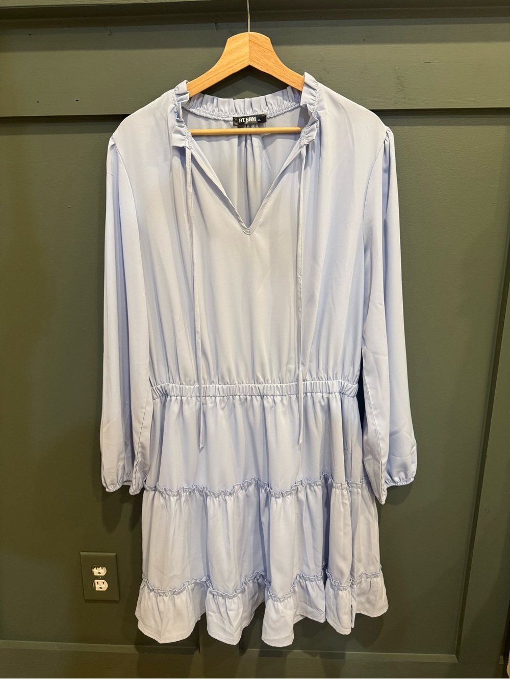 Pale Blue Tiered Long-Sleeve V-Neck Dress